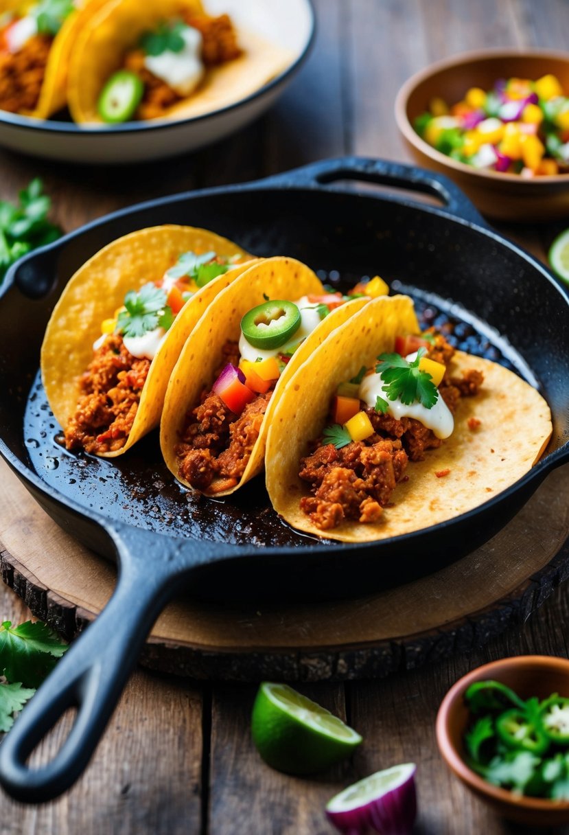 A sizzling skillet of spicy chorizo tacos with colorful toppings on a rustic wooden table