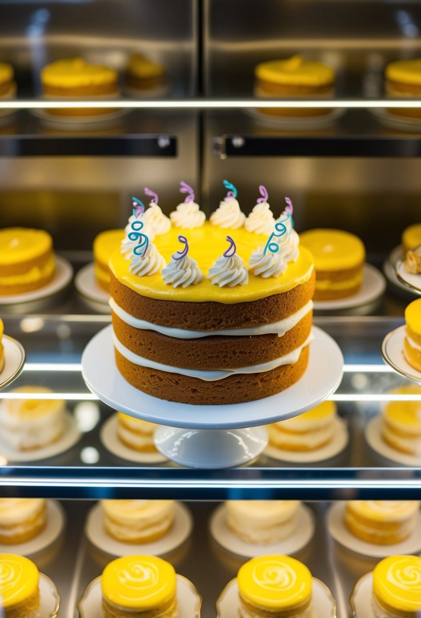 A bakery display showcases a golden yellow cake with layers, topped with sugar-free frosting and decorative swirls