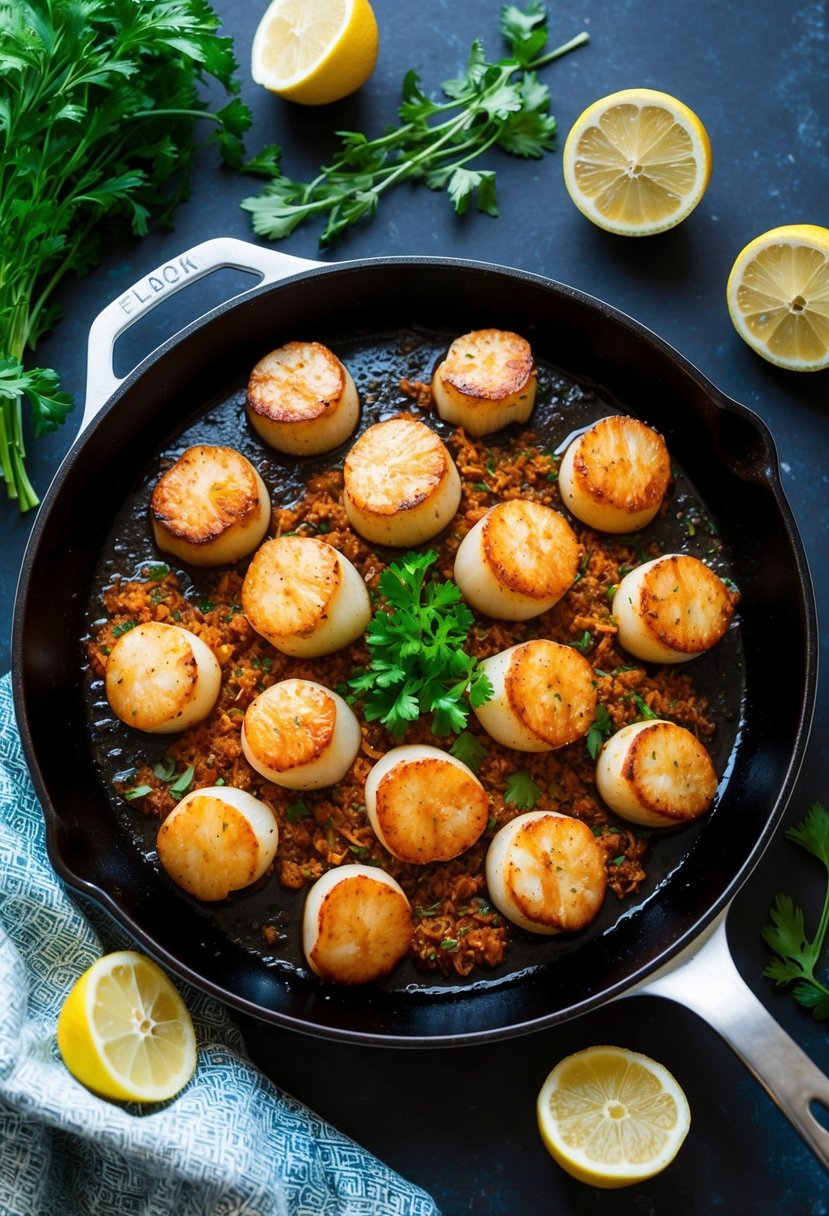 A sizzling skillet of blackened scallops with Cajun spice, surrounded by vibrant herbs and lemon wedges