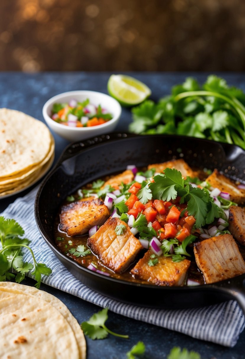 A sizzling skillet of pork belly, surrounded by fresh cilantro, diced onions, and vibrant salsa, sits next to a stack of warm tortillas