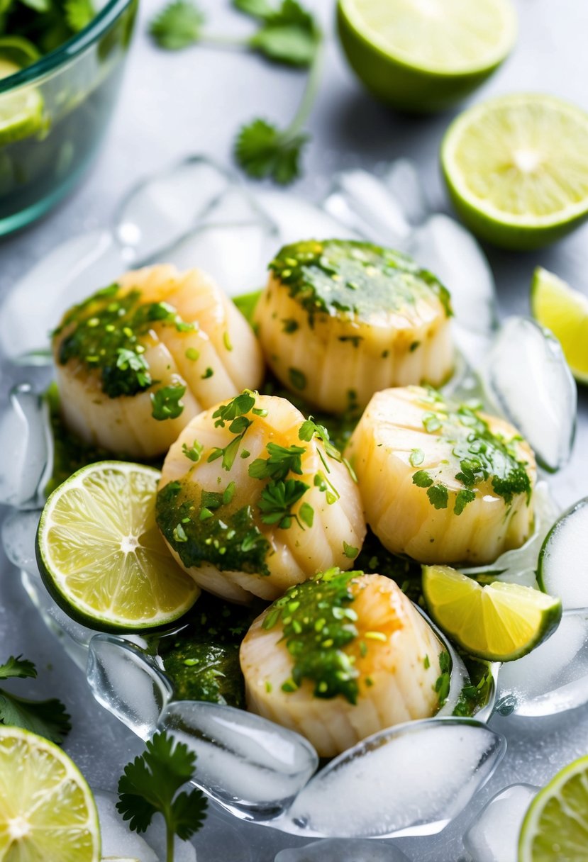 Juicy scallops bathed in a vibrant green cilantro lime marinade, resting on a bed of ice with slices of lime and sprigs of fresh cilantro scattered around