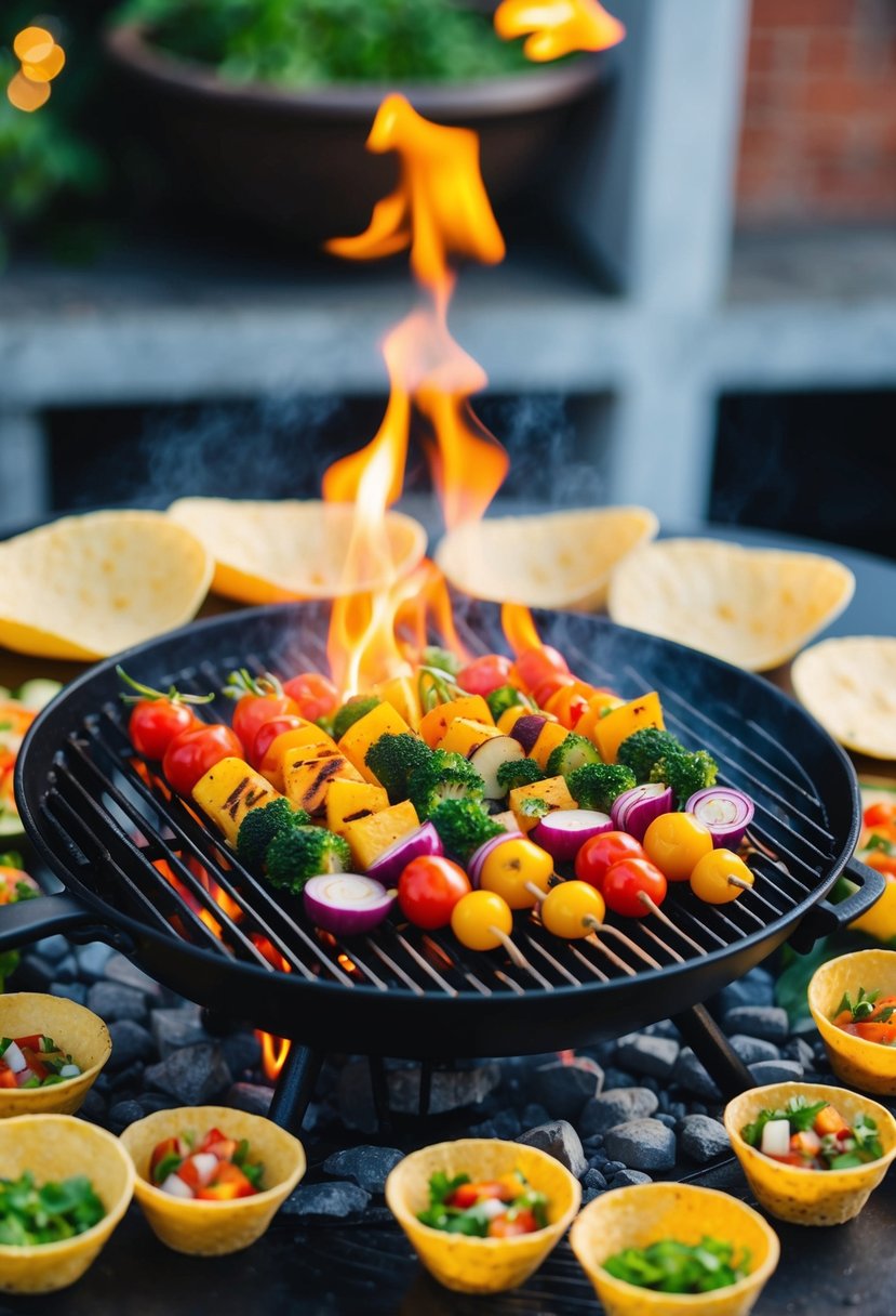 A sizzling grill with an array of colorful vegetables cooking, surrounded by taco shells and various toppings