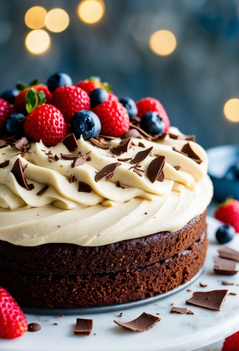 A decadent chocolate cake topped with creamy frosting, adorned with chocolate shavings and fresh berries