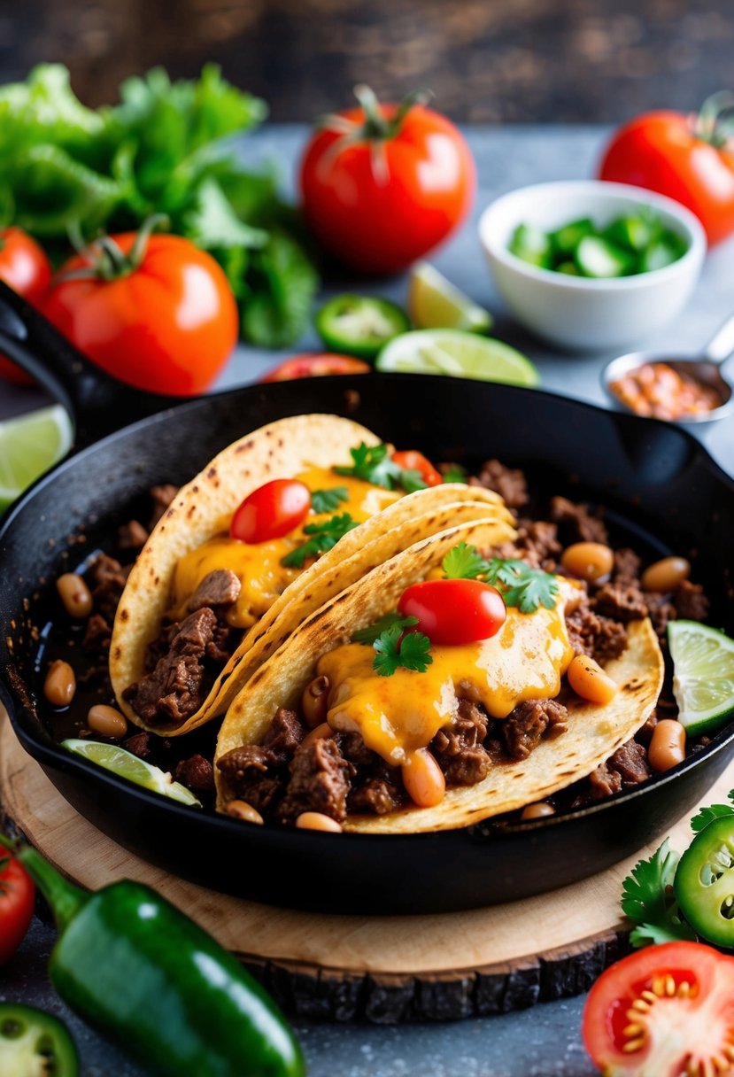 A sizzling skillet of beef and bean tacos, topped with melted cheese and surrounded by colorful ingredients like tomatoes, lettuce, and jalapenos