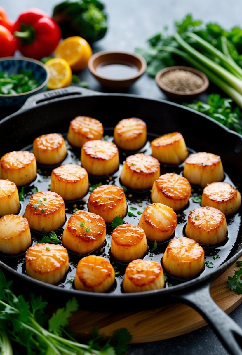 A sizzling skillet of honey soy glazed scallops, surrounded by a colorful array of fresh vegetables and herbs