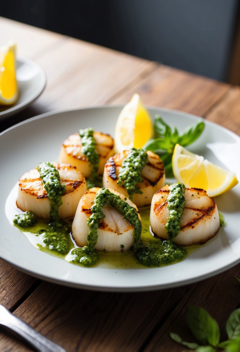 A plate of grilled scallops drizzled with basil pesto, garnished with fresh herbs and served with a side of lemon wedges on a wooden table