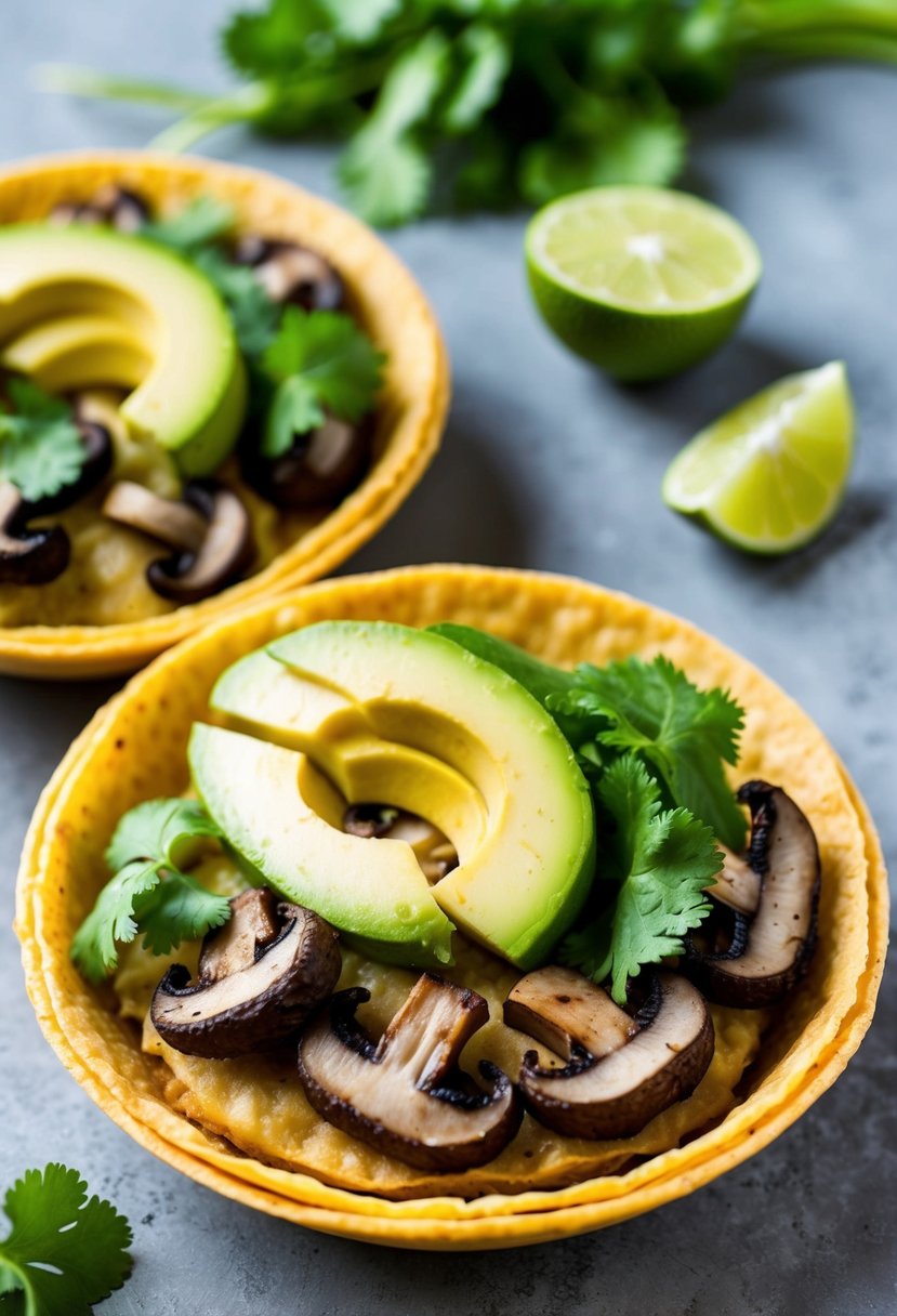 Freshly grilled mushrooms and avocado slices nestled in warm corn tortillas, topped with vibrant cilantro and zesty lime wedges