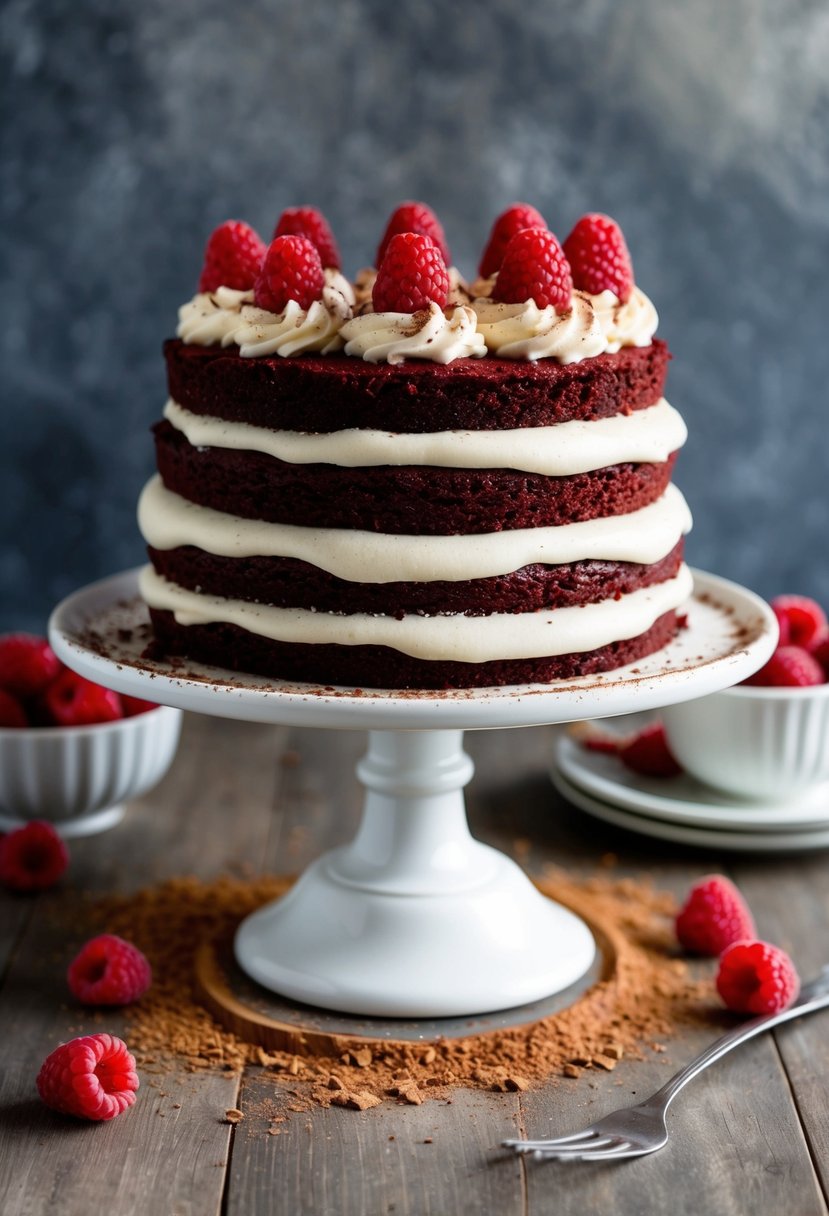 A decadent red velvet cake sits on a white cake stand, topped with low-carb, sugar-free frosting. The moist cake is surrounded by scattered cocoa powder and fresh raspberries