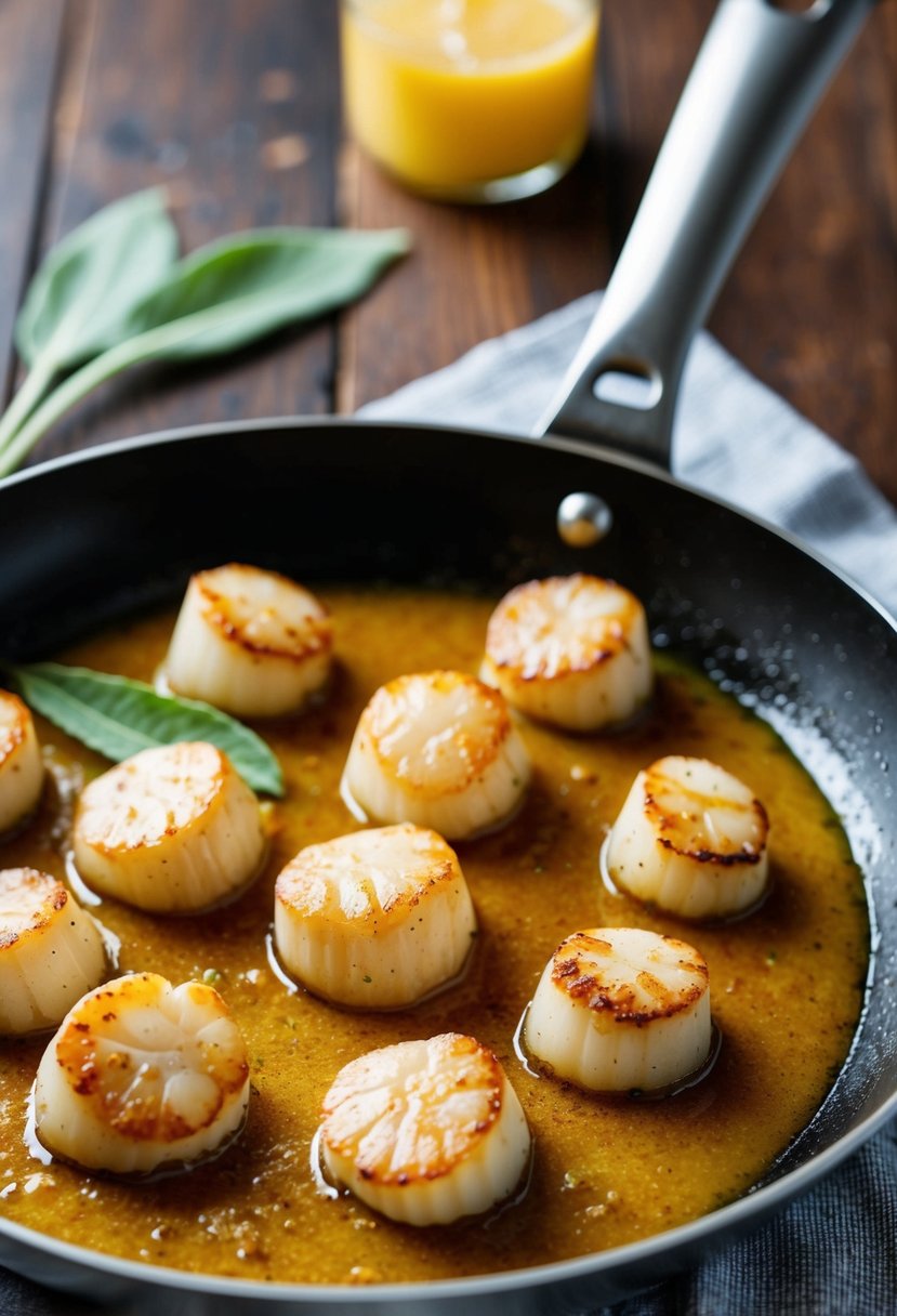 A sizzling skillet of seared scallops in a golden brown butter sage sauce