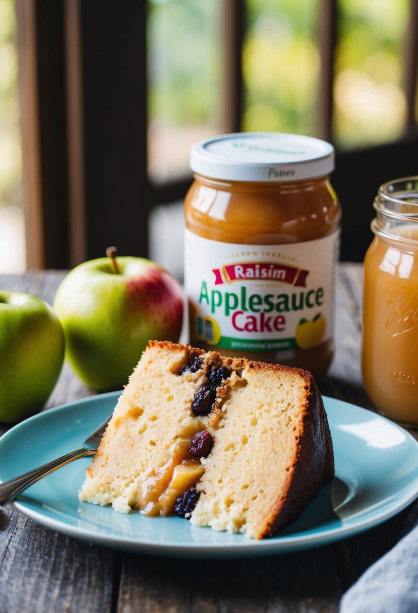 A slice of raisin and applesauce cake sits on a plate, surrounded by fresh apples and a jar of applesauce