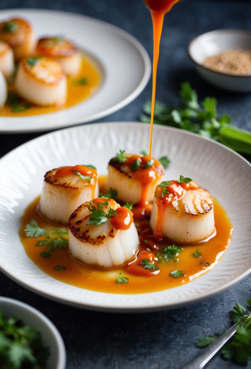 A plate of seared scallops drizzled with spicy Sriracha sauce, garnished with fresh herbs and served on a white ceramic dish