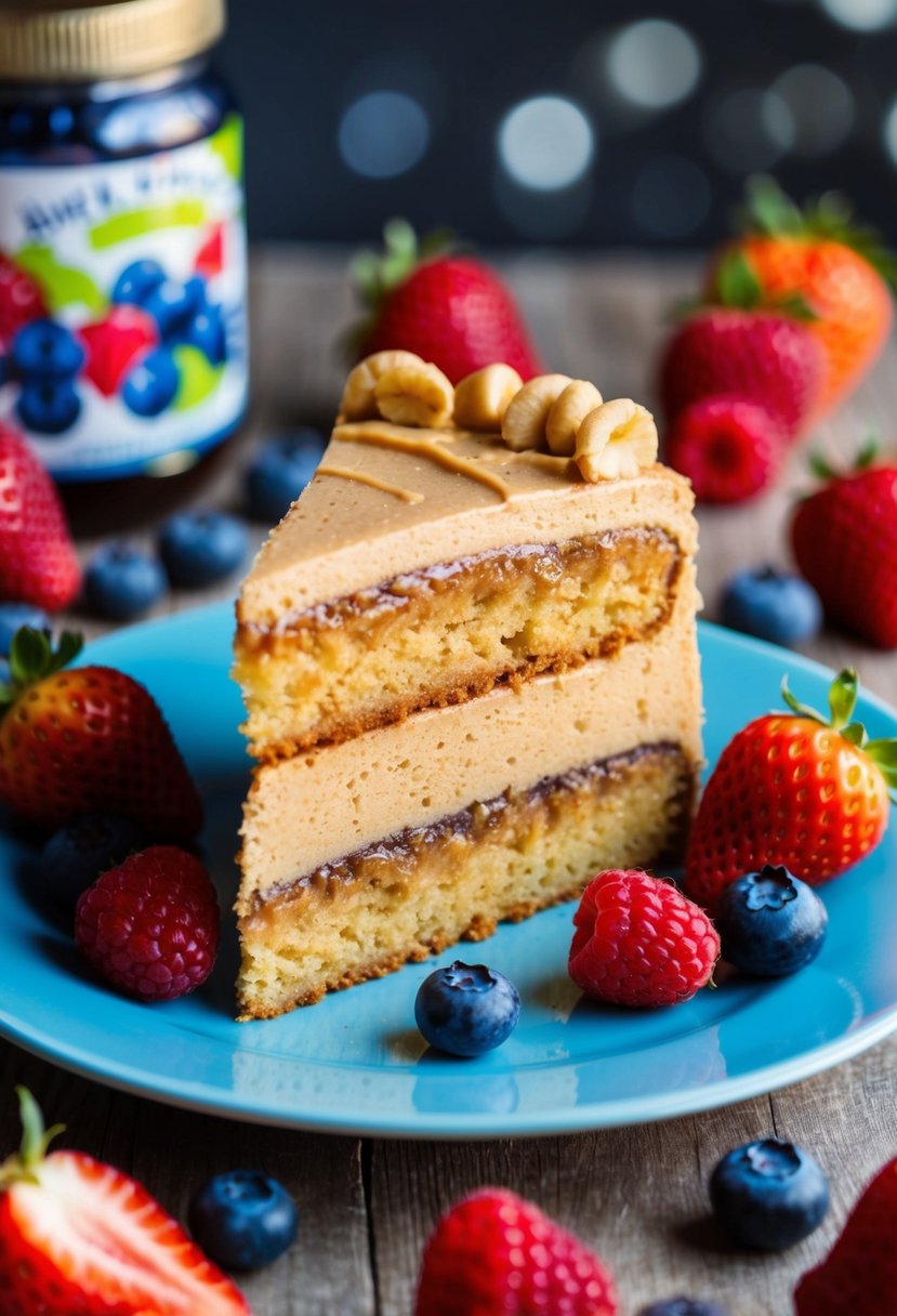 A slice of peanut butter cake surrounded by a variety of fresh fruits like strawberries, blueberries, and raspberries