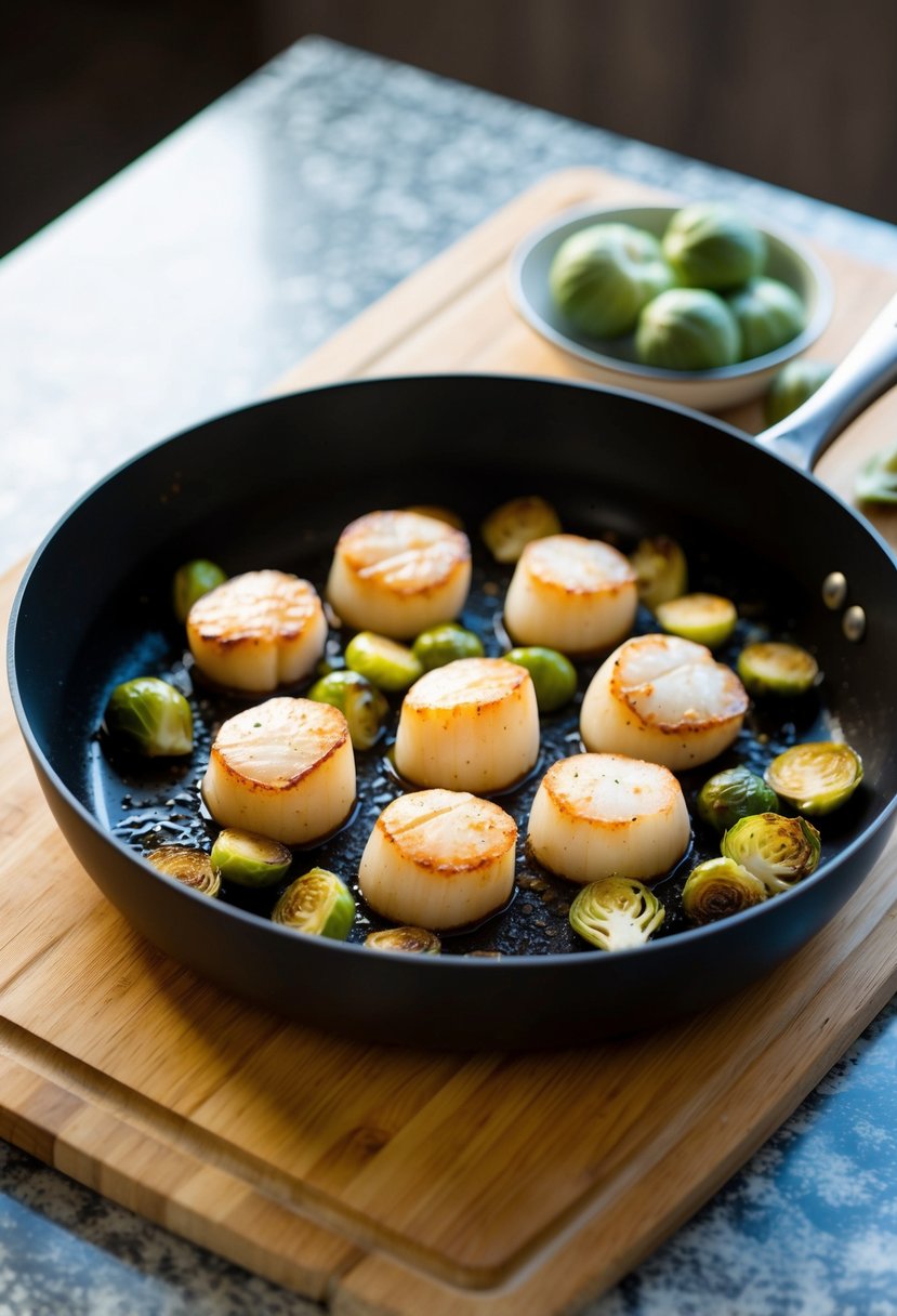 A sizzling pan of roasted scallops and Brussels sprouts on a wooden cutting board