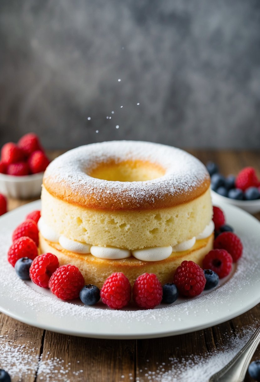 A light, fluffy sponge cake surrounded by fresh berries and a dusting of powdered sugar