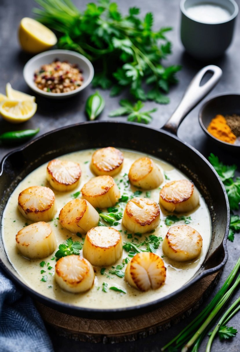 A sizzling skillet of ginger scallops simmering in creamy coconut milk, surrounded by vibrant herbs and spices