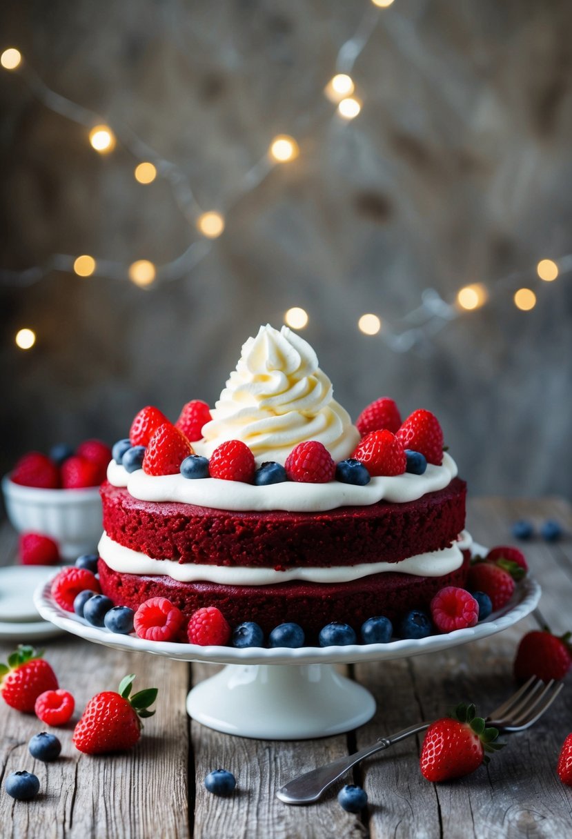 A decadent red velvet cake surrounded by fresh berries and a dollop of whipped cream on a rustic wooden table