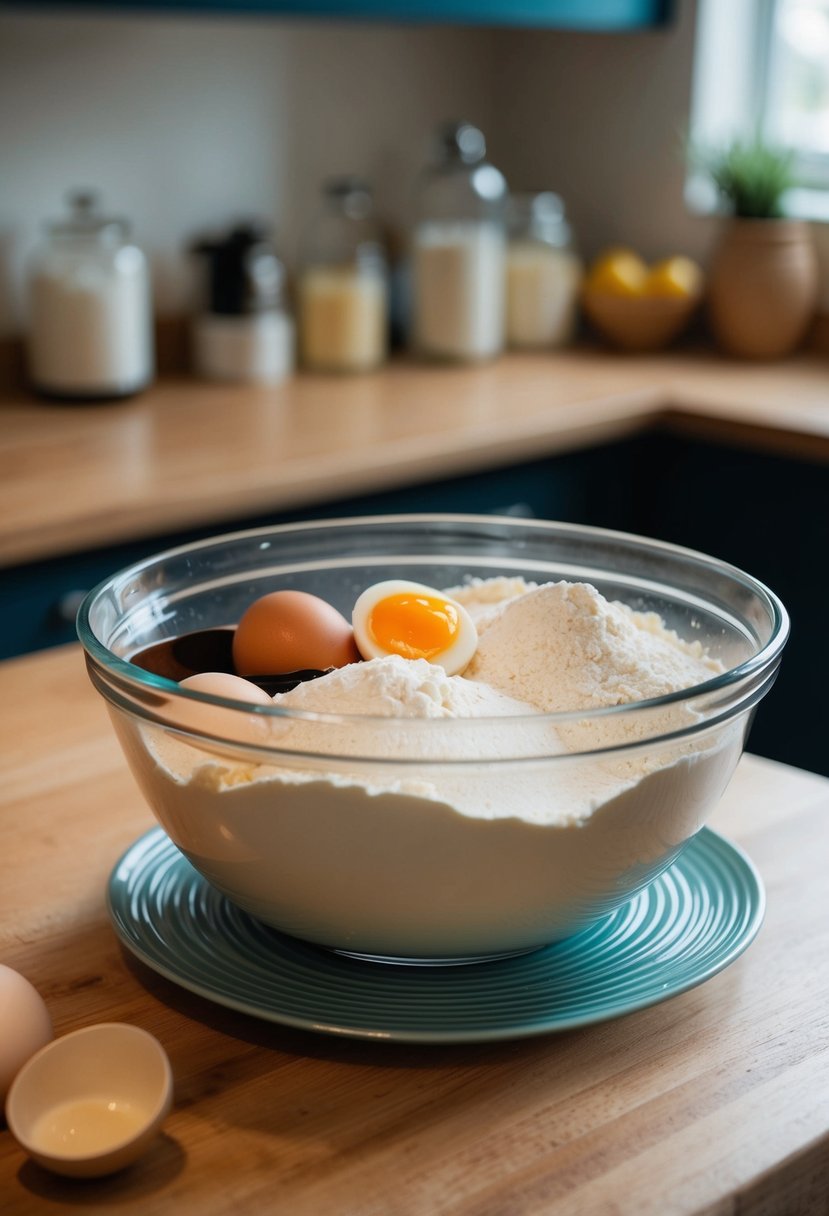 A mixing bowl filled with ingredients for a vanilla cake, including eggs, flour, and vanilla extract, sits on a kitchen counter