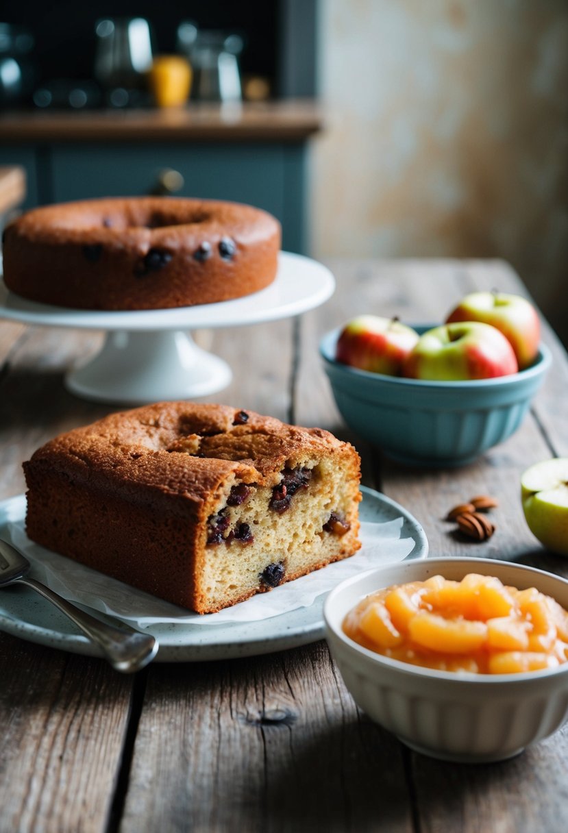 A rustic kitchen table with a freshly baked raisin cake and a bowl of unsweetened applesauce next to it