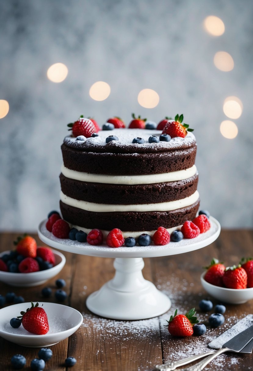 A decadent chocolate layer cake sits on a white cake stand, surrounded by fresh berries and a dusting of powdered sugar