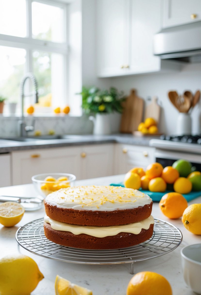 A bright and airy kitchen with a freshly baked lemon cake cooling on a wire rack, surrounded by vibrant citrus fruits and a few scattered baking utensils