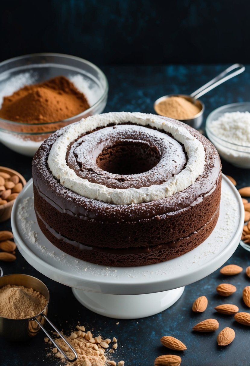 A chocolate cake made with almond flour, surrounded by ingredients like cocoa powder, almonds, and a mixing bowl