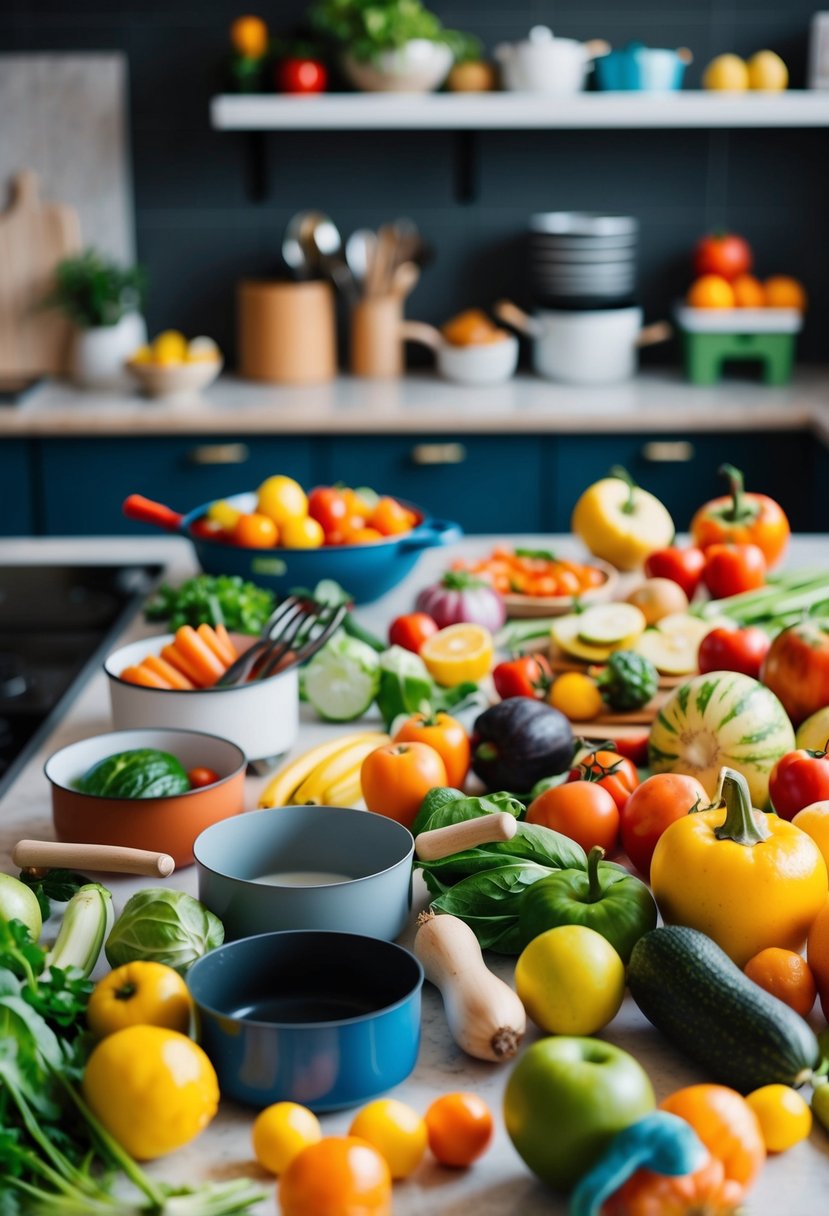 A colorful array of fresh fruits and vegetables, small pots and pans, and child-sized utensils scattered across a kitchen counter