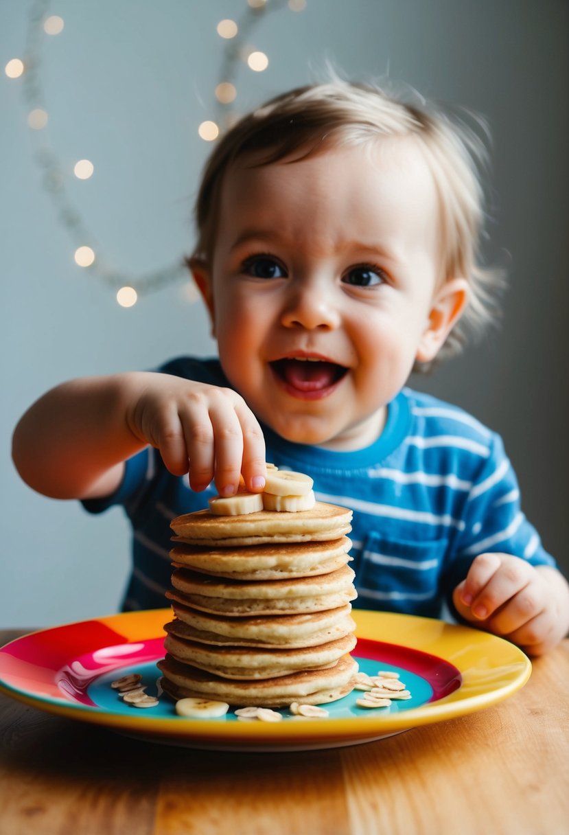 A playful toddler eagerly reaching for a stack of banana oat pancakes on a colorful plate