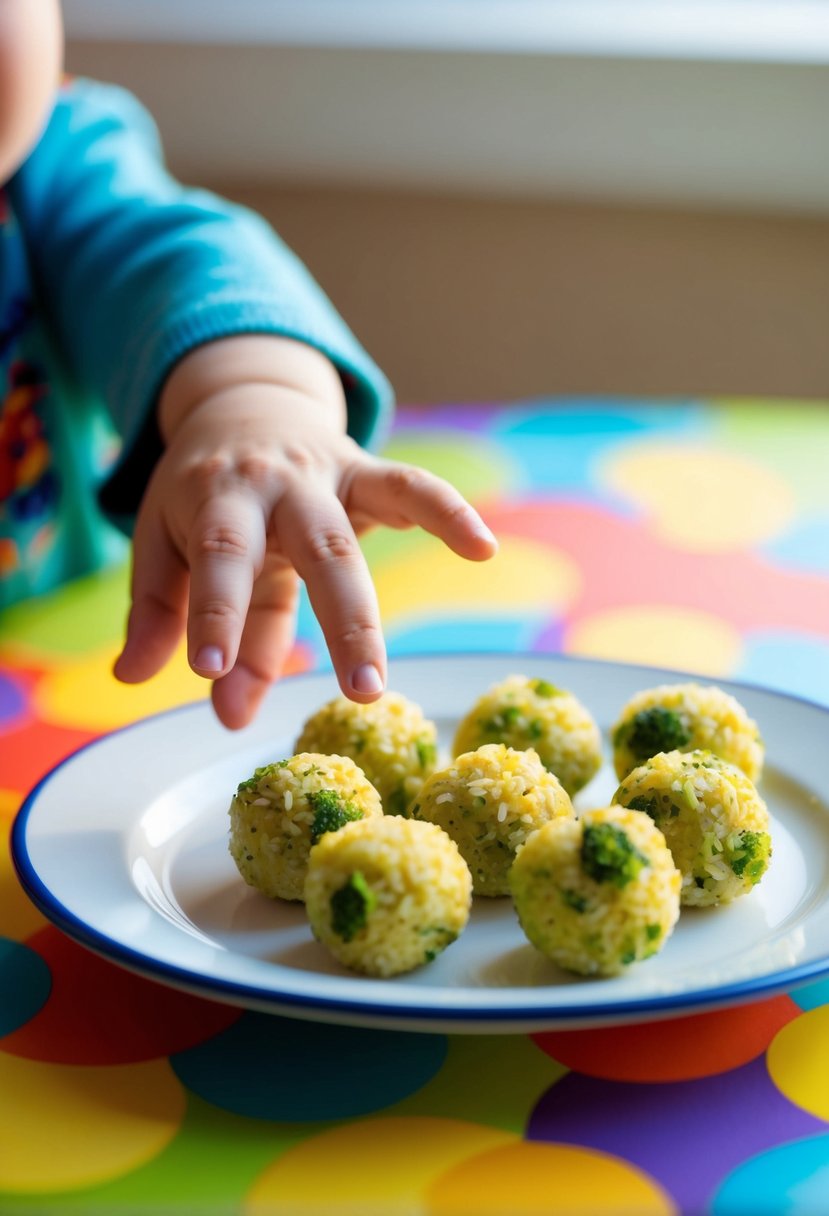 A toddler-sized hand reaches for a plate of broccoli rice balls, set on a colorful, child-friendly table setting