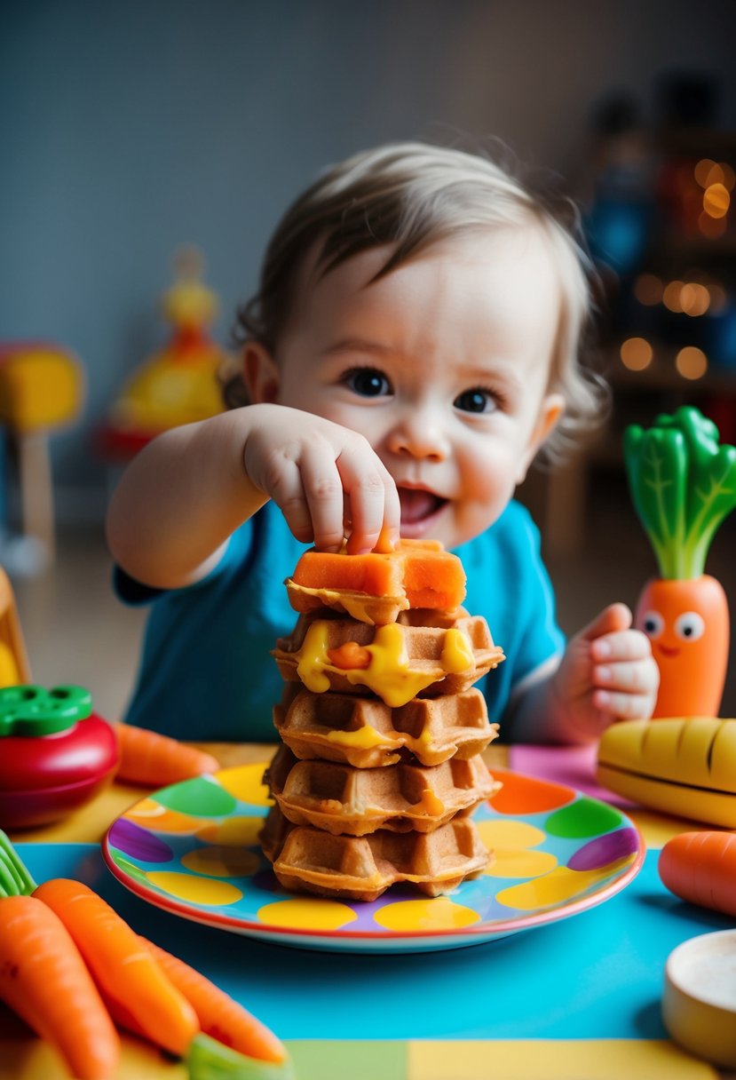 A playful toddler eagerly reaching for a stack of cheesy carrot waffles on a colorful plate, surrounded by whimsical food-themed toys