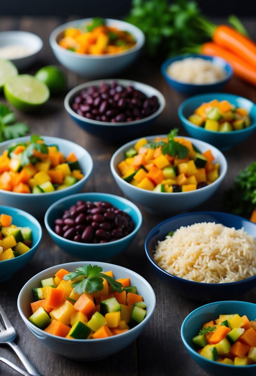 A colorful array of diced vegetables, rice, and beans arranged in small bowls, with a spoon and fork nearby