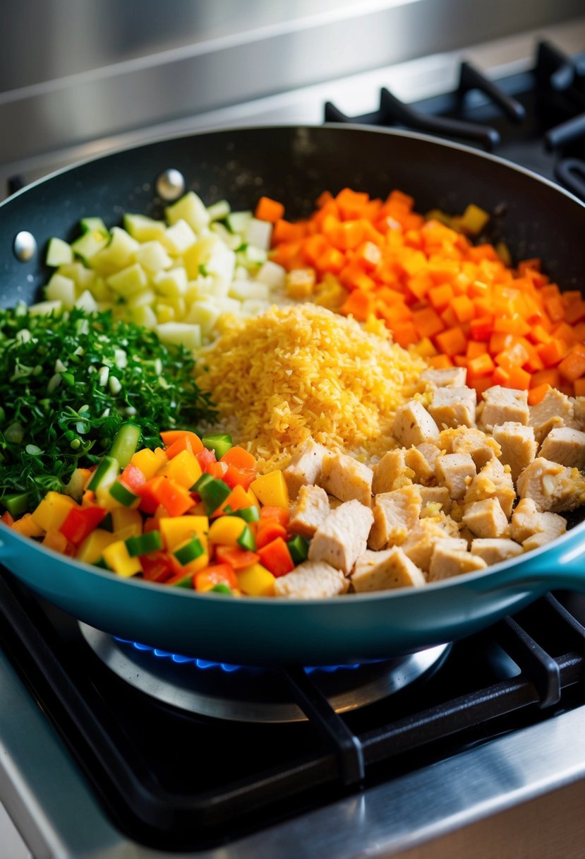 A colorful array of chopped vegetables and diced chicken sizzling in a skillet on a stovetop