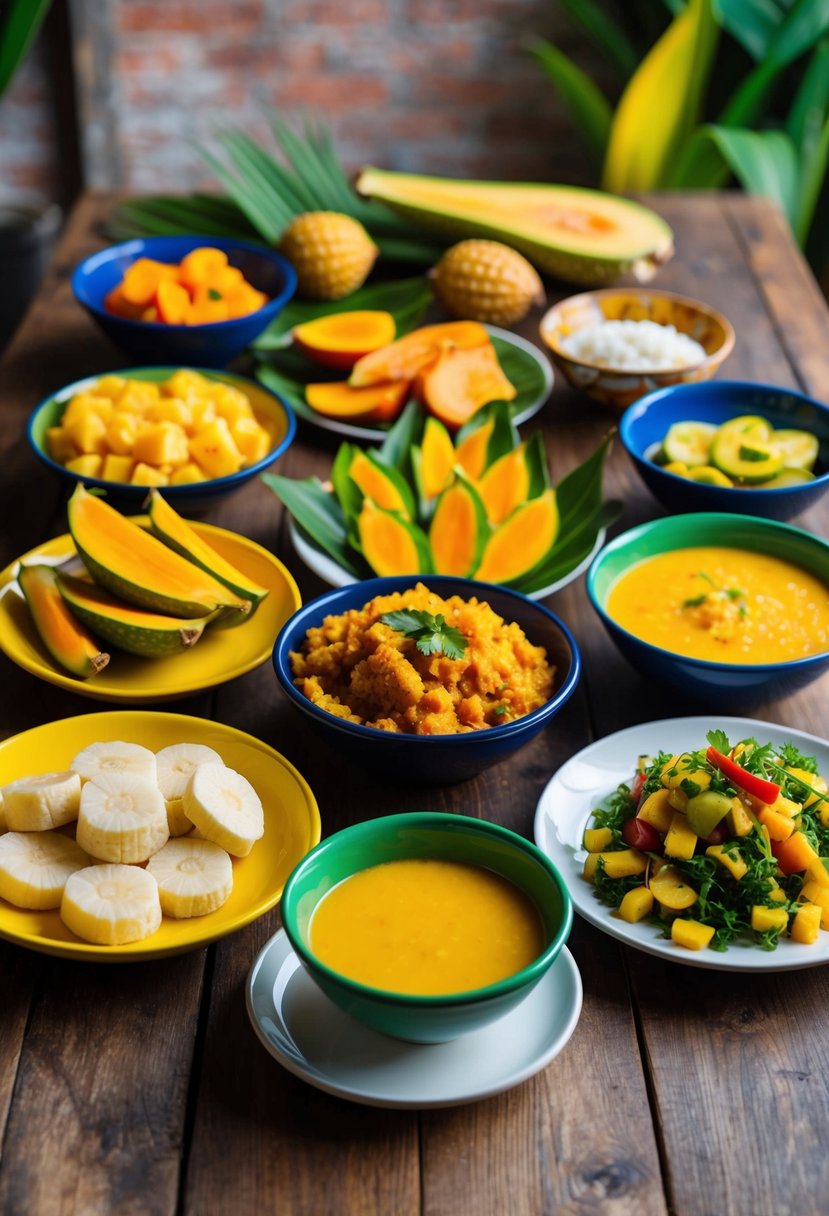 A colorful spread of traditional Brazilian dishes on a rustic wooden table. Ingredients like cassava, palm hearts, and tropical fruits are featured