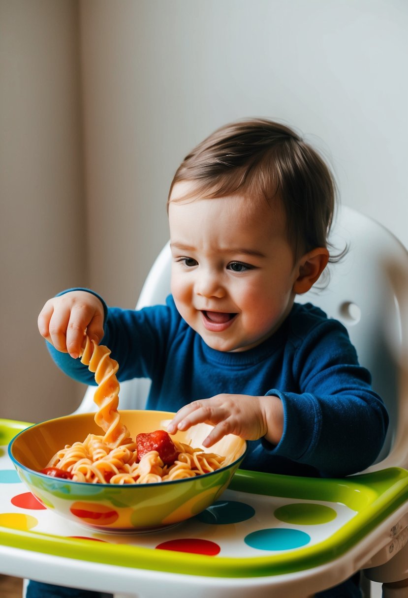 A toddler sitting at a high chair, eagerly reaching for a bowl of creamy tomato protein pasta on a colorful plate