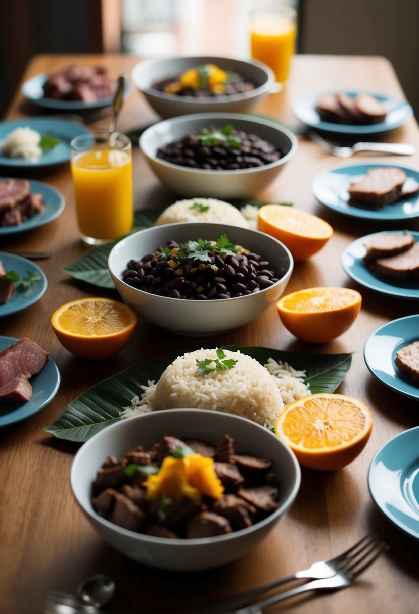 A table set with a traditional Brazilian feijoada meal, including black beans, rice, farofa, orange slices, and various meats