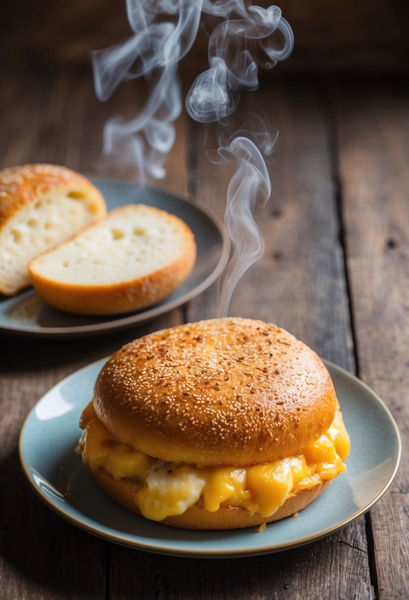 A plate of warm, golden Pão de Queijo sits on a rustic wooden table, steam rising from the fluffy, cheese-filled bread