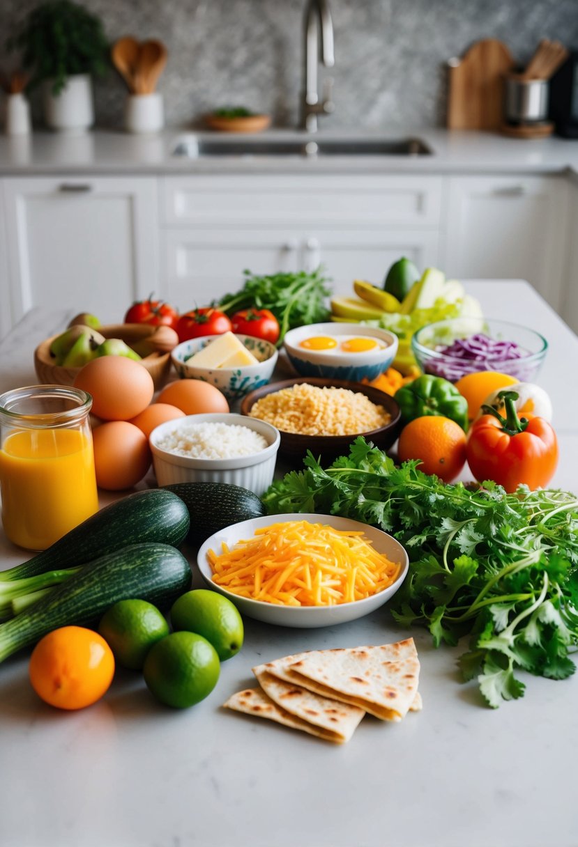 A colorful array of fresh ingredients and kitchen utensils laid out on a clean countertop, ready to be used in making egg and cheese quesadillas for toddlers