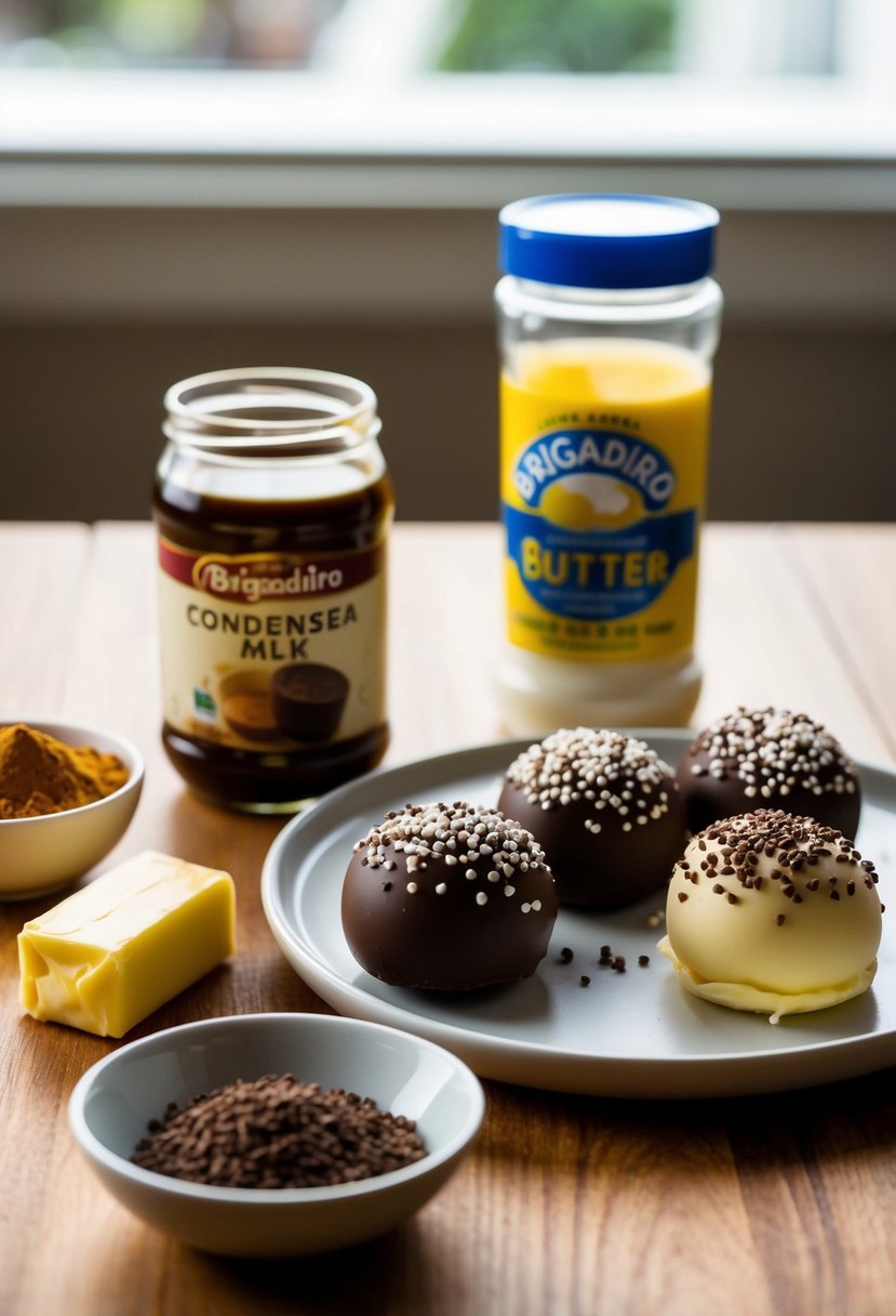 A table set with ingredients for making Brigadeiro, including condensed milk, cocoa powder, butter, and chocolate sprinkles