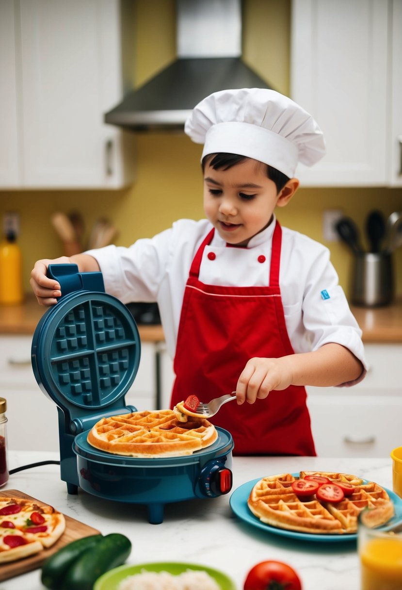 A toddler-friendly kitchen with colorful ingredients and waffle maker, where a chef prepares pizza waffles