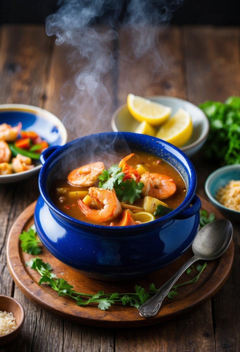 A steaming pot of moqueca sits on a rustic wooden table, filled with colorful seafood and vegetables in a rich, fragrant broth