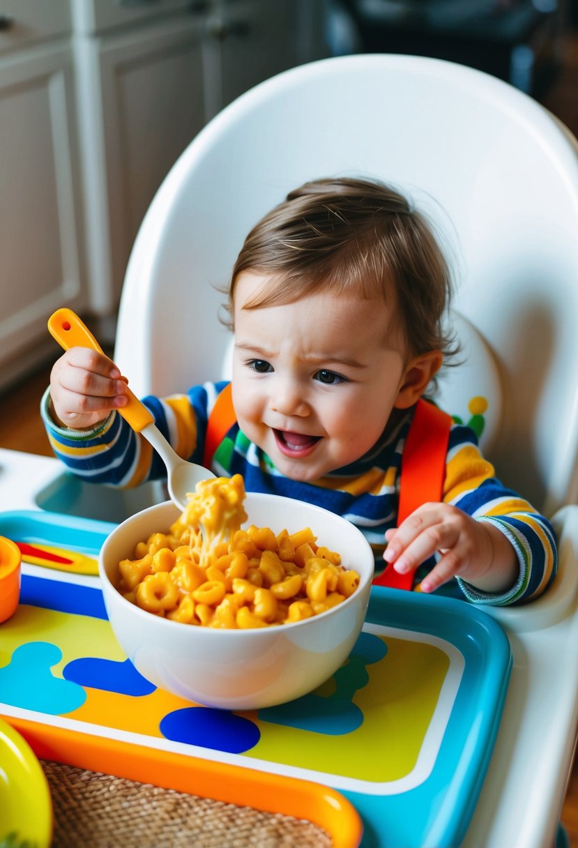 A toddler sitting in a high chair, eagerly reaching for a bowl of creamy butternut squash mac & cheese, surrounded by colorful child-friendly utensils and a playful placemat