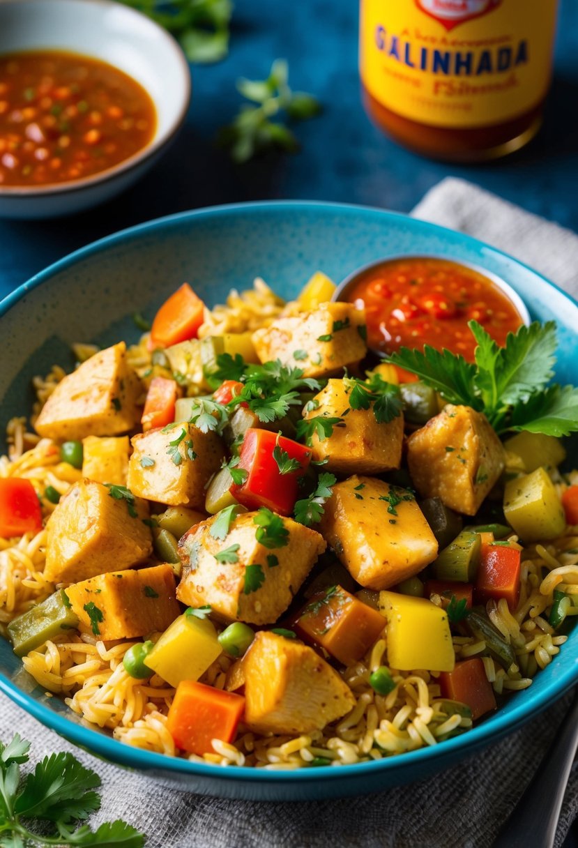 A colorful bowl of Galinhada with chunks of chicken, rice, and vegetables, garnished with fresh herbs and served with a side of hot pepper sauce