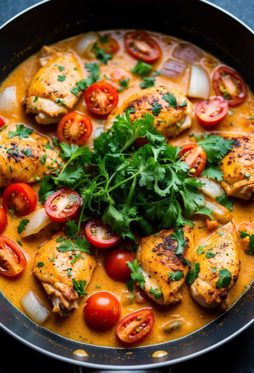 A colorful array of ingredients like chicken, onions, tomatoes, and creamy sauce simmering in a pan, with a hint of Brazilian spices