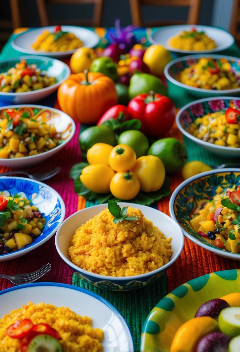 A table set with a colorful spread of traditional Brazilian dishes, including a bowl of golden farofa surrounded by vibrant fruits and vegetables