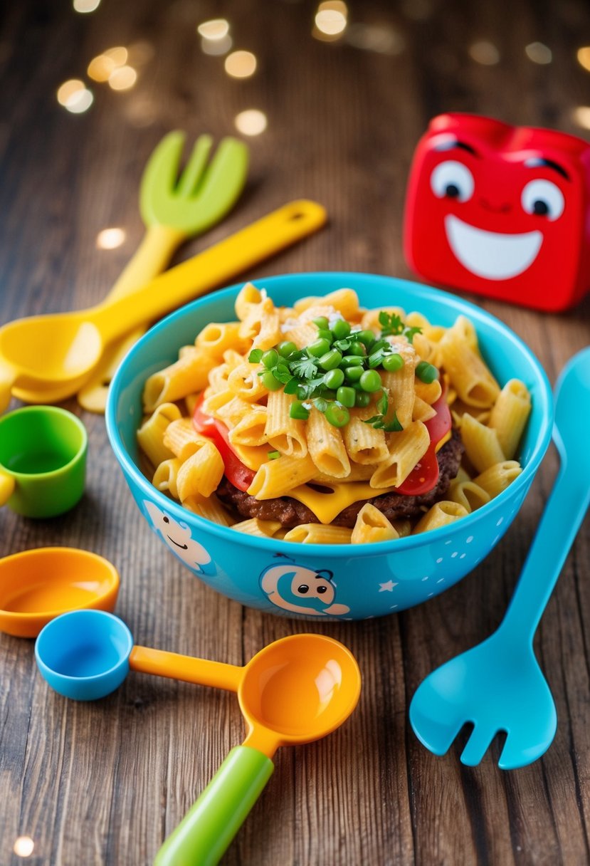 A colorful bowl of cheeseburger pasta surrounded by playful toddler-friendly utensils and a happy, smiling cartoon character