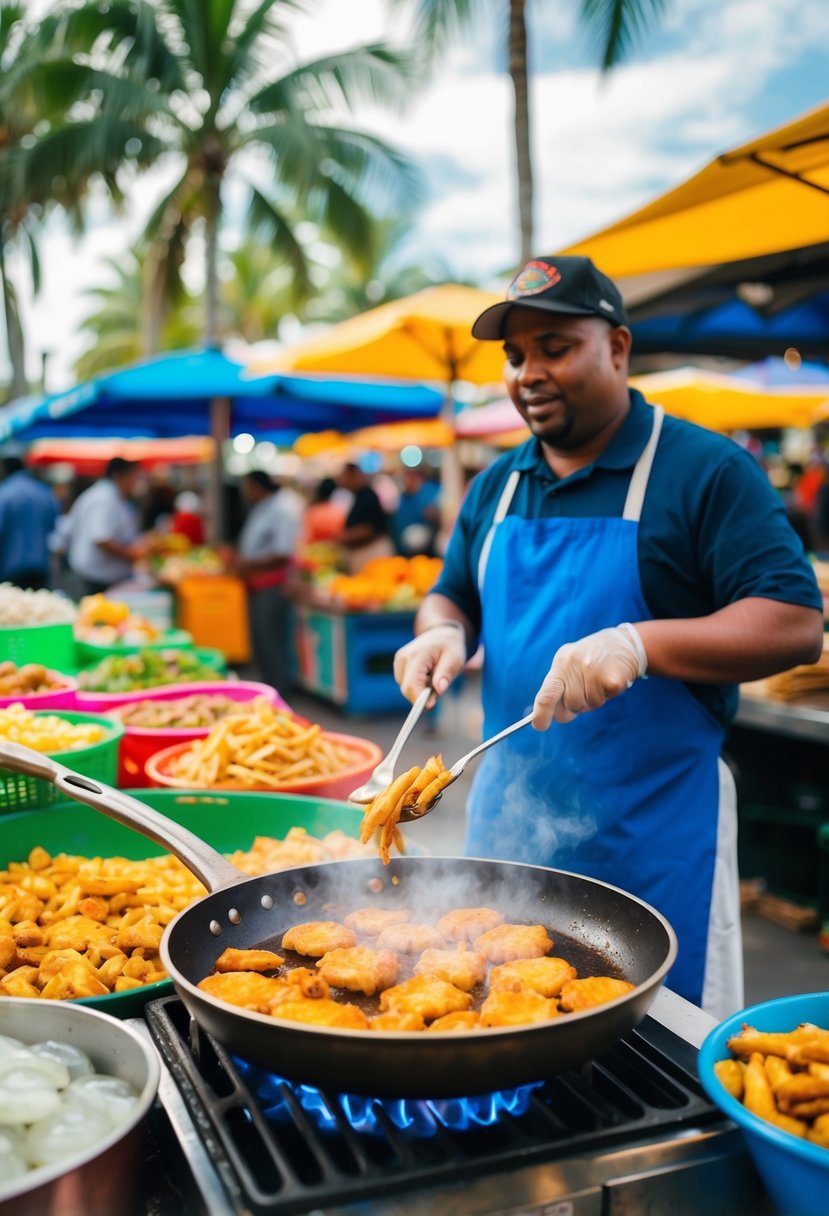 A street vendor fries acarajé in a sizzling pan, surrounded by colorful market stalls and palm trees