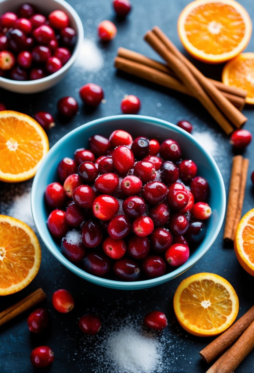 A vibrant bowl of fresh cranberries, surrounded by cinnamon sticks, oranges, and a scattering of sugar, ready to be transformed into delicious cranberry recipes