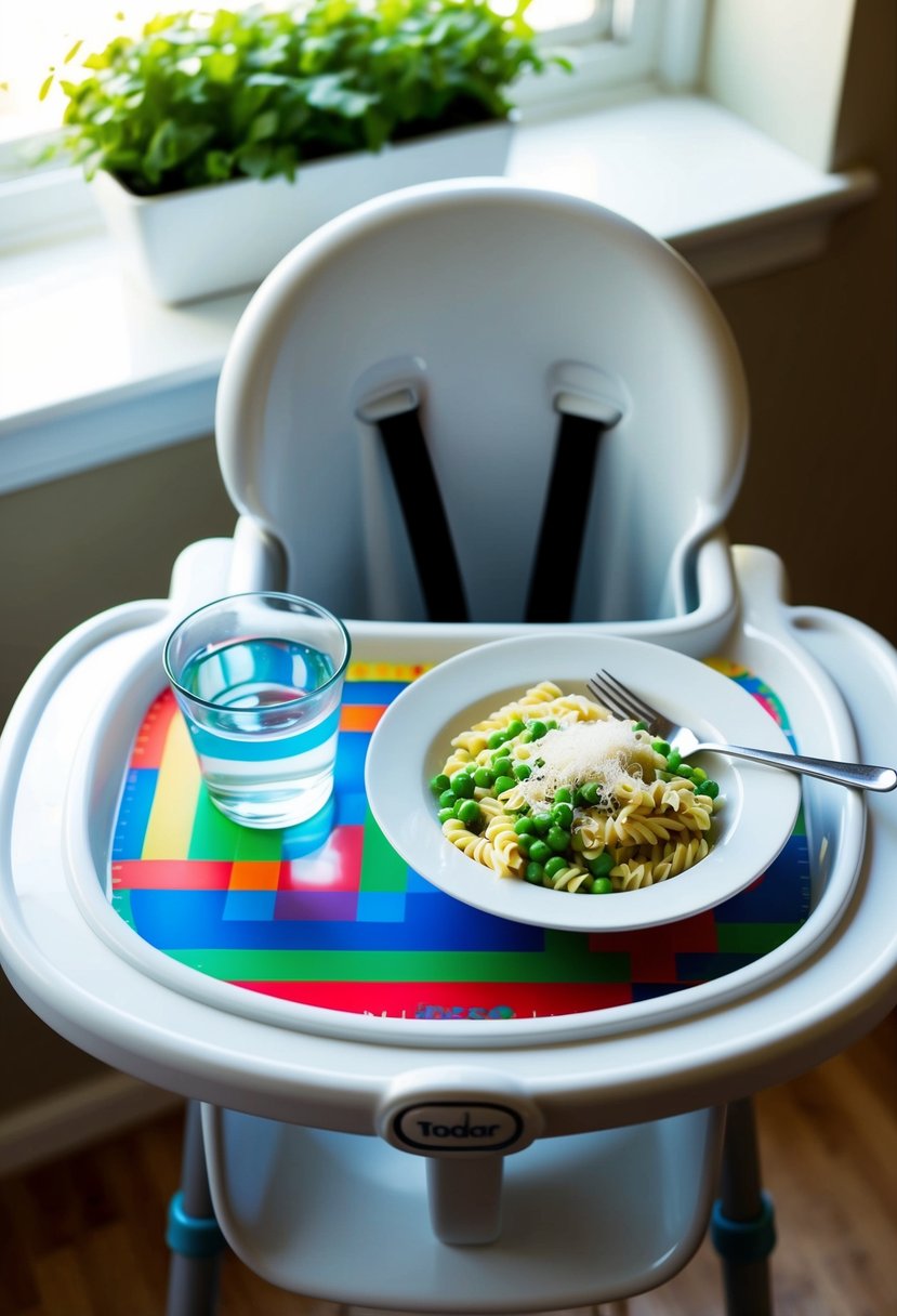 A toddler's high chair with a plate of Parmesan pea pasta, a small fork, and a cup of water on a colorful placemat