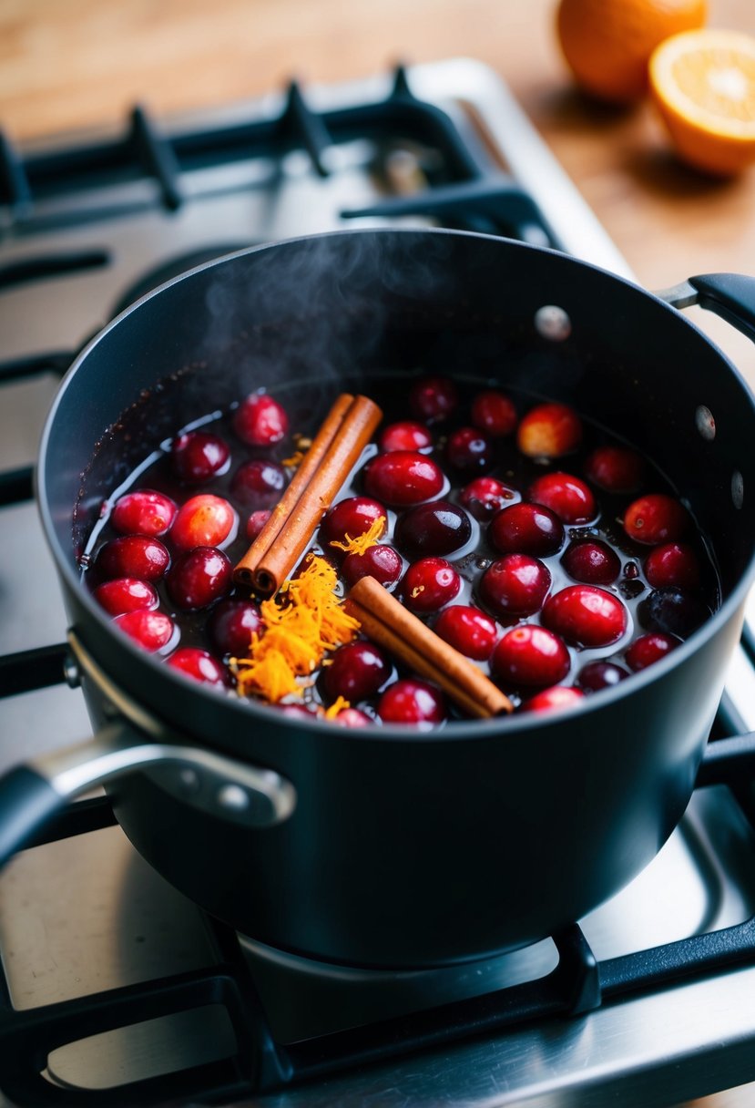 A pot of simmering cranberries with sugar, orange zest, and cinnamon sticks on a stovetop