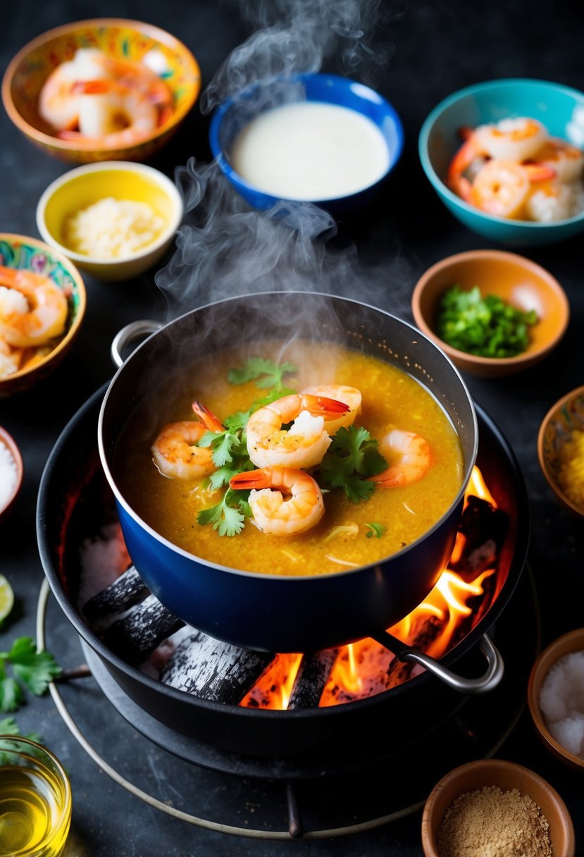 A steaming pot of vatapá simmers over a crackling fire, surrounded by bowls of vibrant ingredients like shrimp, coconut milk, and dende oil