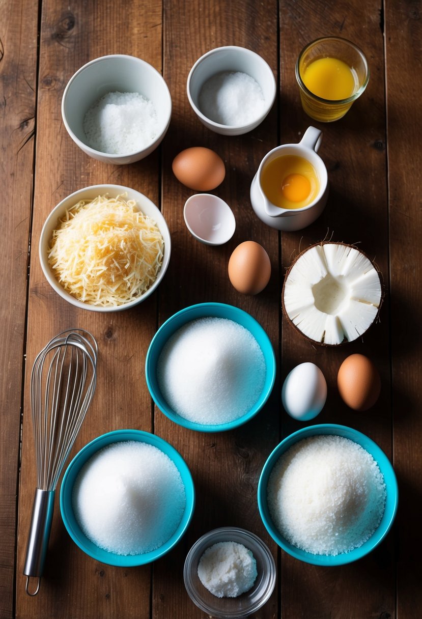 A colorful spread of ingredients including coconut, eggs, and sugar arranged on a wooden table, with a mixing bowl and whisk nearby